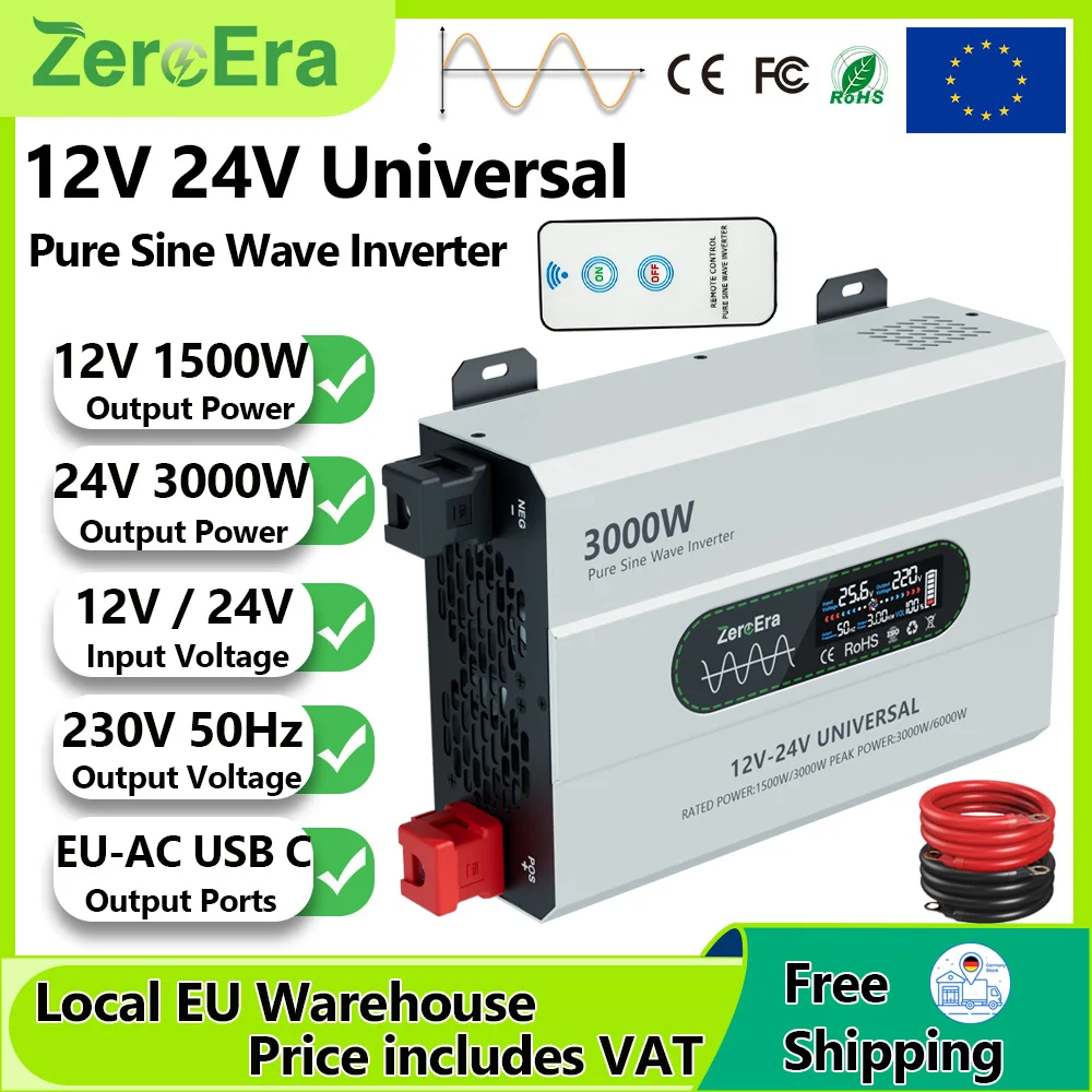ZeroEra 12V/24V Dual-Voltage Reiner Sinus-Wechselrichter 1500W/3000W Ausgangsleistung zu AC 230V 50Hz für Wohnmobile, LKWs, Camping und Reisen mit EU-Steckdosen, Fernbedienung, LCD-Display,