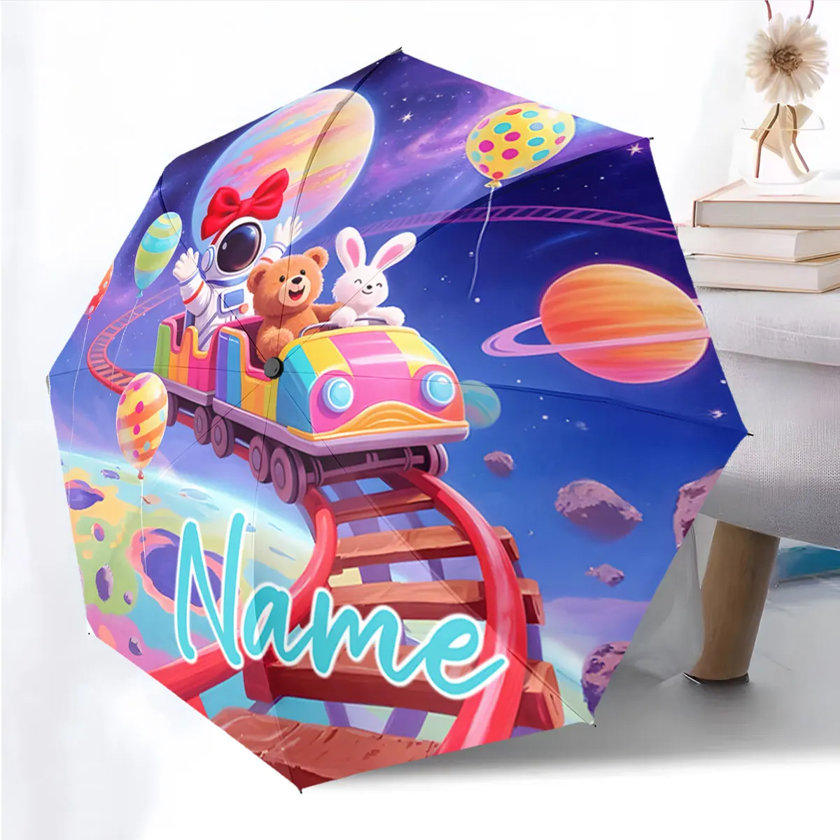 Custom Name Umbrella Fantasy Adventure on Umbrella Ride Print 8 Iron Ribs Folding Umbrella Auto-Open Fashion Sunshade