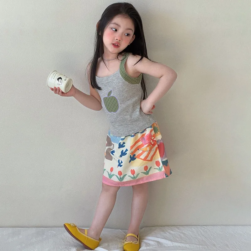 Girls 2026 Summer New Apple Suspender Vest Hand-painted Pattern Skirt Two-piece Set