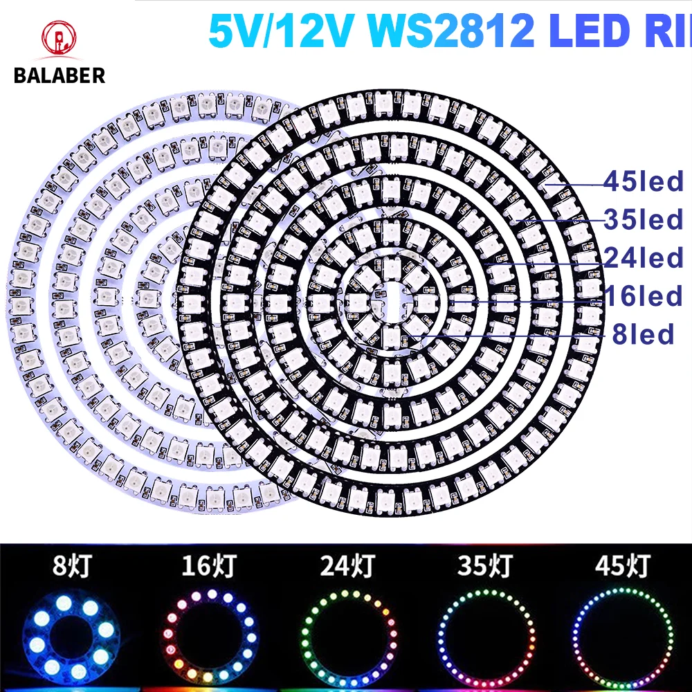 LED Pixel Ring Light WS2812B 27/48/73/96/120mm Individually Addressable WS2812 IC Smart RGB RING LED Light Addressable DC5V/12V