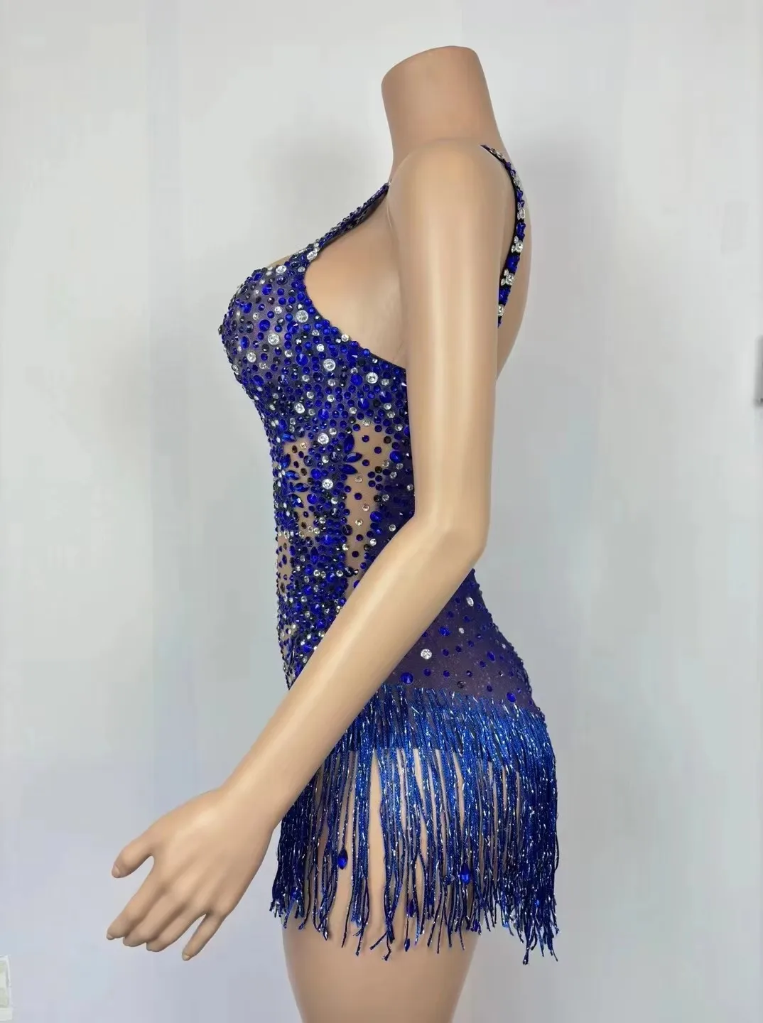 الأزرق الراين هامش ارتداءها المرأة مثير جوجو ملابس رقص كريستال شرابة يوتار الهذيان الزي بار ملهى ليلي تظهر المرحلة ارتداء