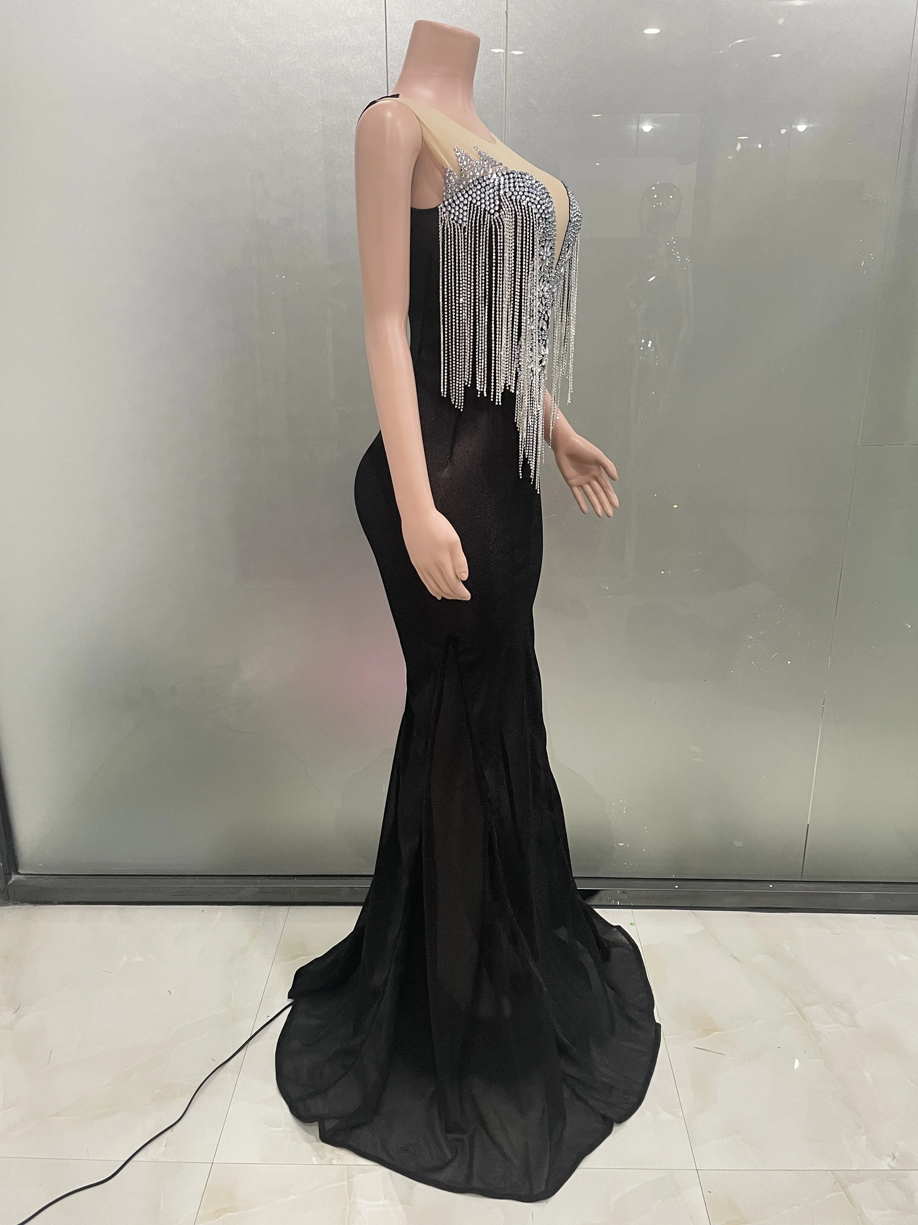 ストック レディース ノースリーブ セクシー ダイヤモンドチェーン メッシュ ロング丈 ボディコン ドレス エレガント イブニングパーティー セレブレーションドレス ベスティード