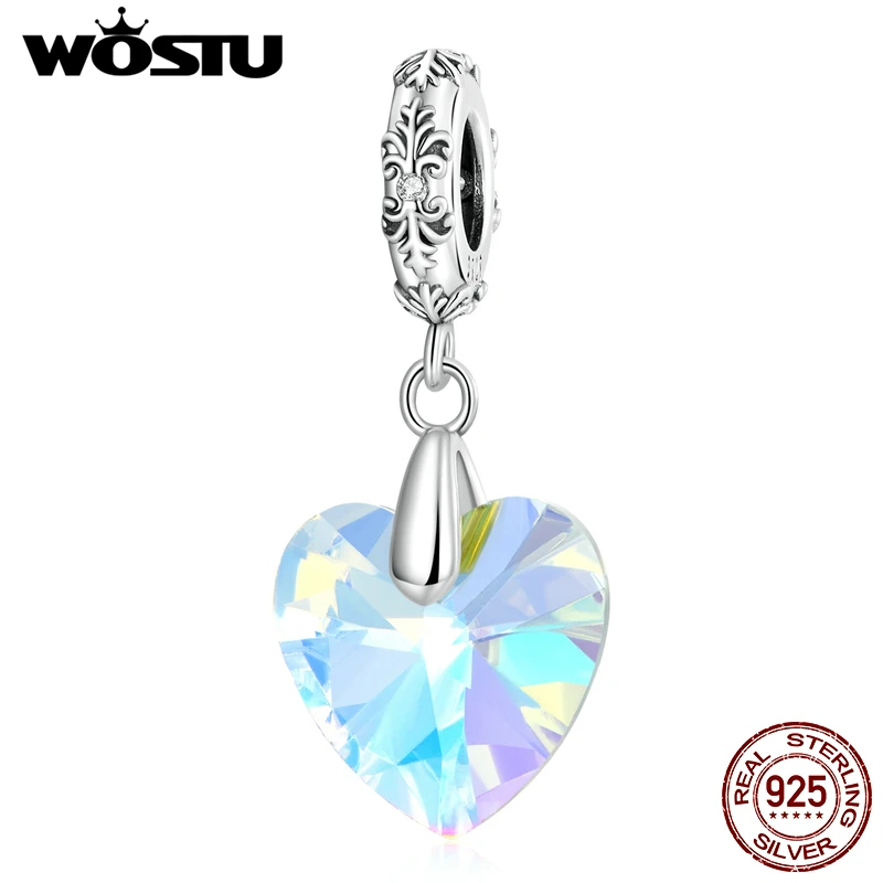 

WOSTU Real 925 Sterling Silver Love Heart Rainbow Crystal Charms Pendants For Women Vintage Patterns Beads Fit Original Bracelet