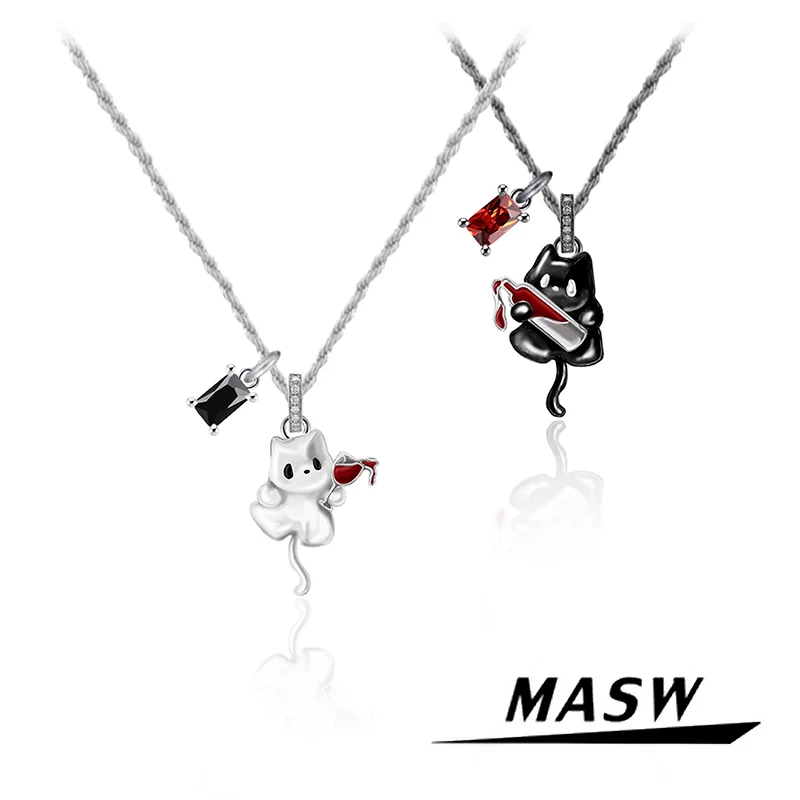 

MASW Original Design Lovely Style One Layer Chain Black White Drinking Cat Pendant Necklace For Girl Women Gift 2024 New