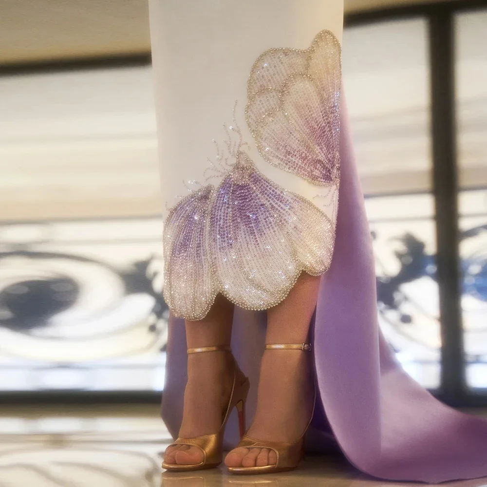 Vestidos de Noche de lujo con mariposa Lila blanca de Dubái para mujer, vestido de fiesta Formal por debajo de la rodilla árabe de boda con un hombro Scz206