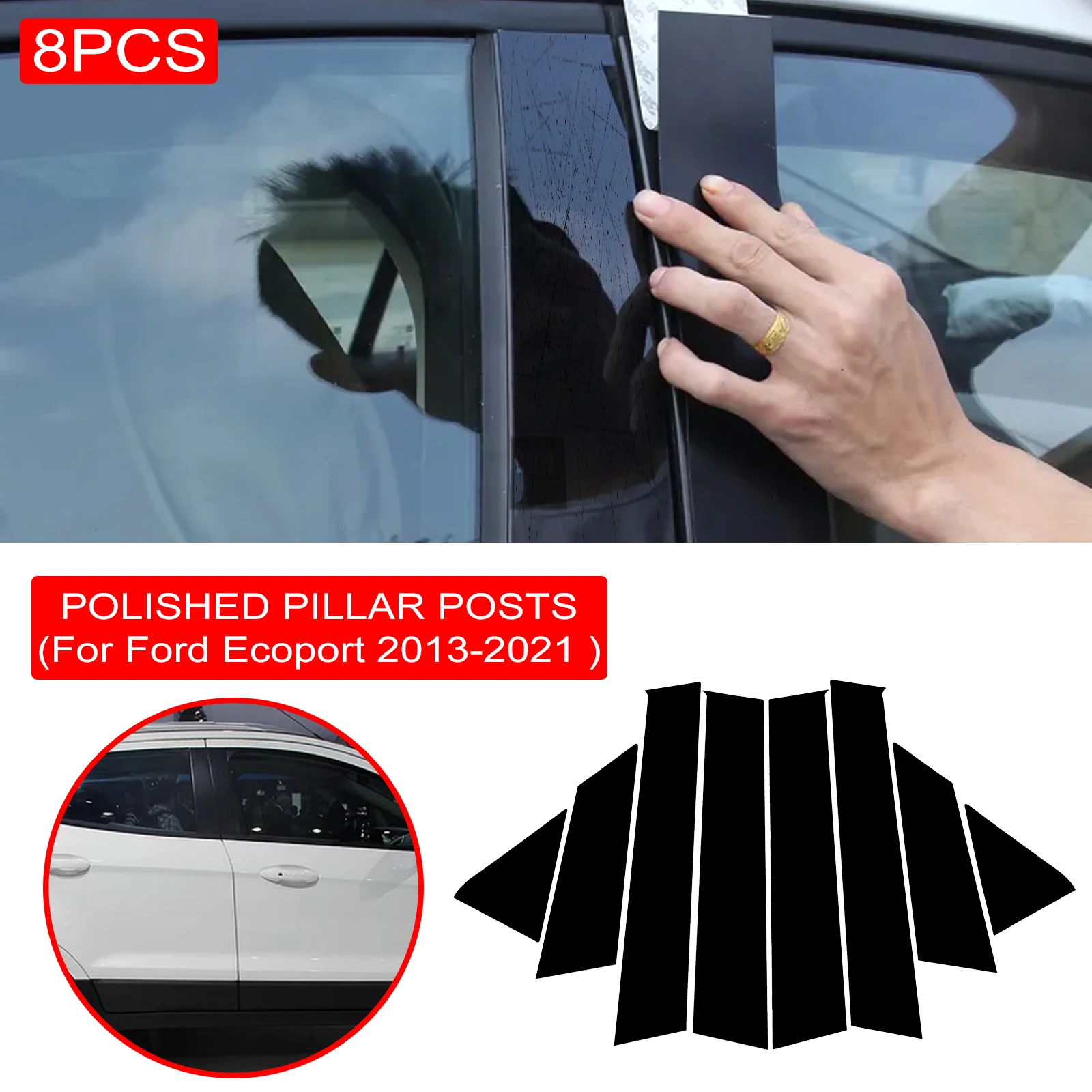 8PCS Polished Pillar Posts For Ford Ecosport 2013-2021 Window Trim Cover BC Column Sticker Accessories for Car