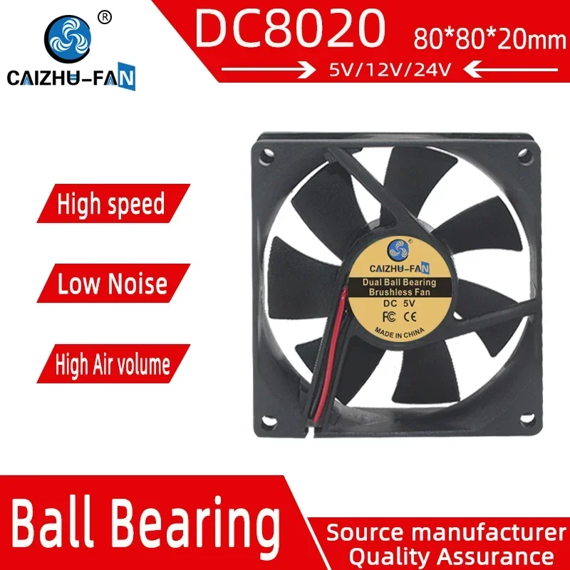 CAIZHU-FAN/ 8020 Fan 80MM 80*80*20MM DC 5V 12V 24V 8CM Ultra-thin Sleeve/Dual Ball Bearing Cooling Fan Comptuter CPU Cooling Fan