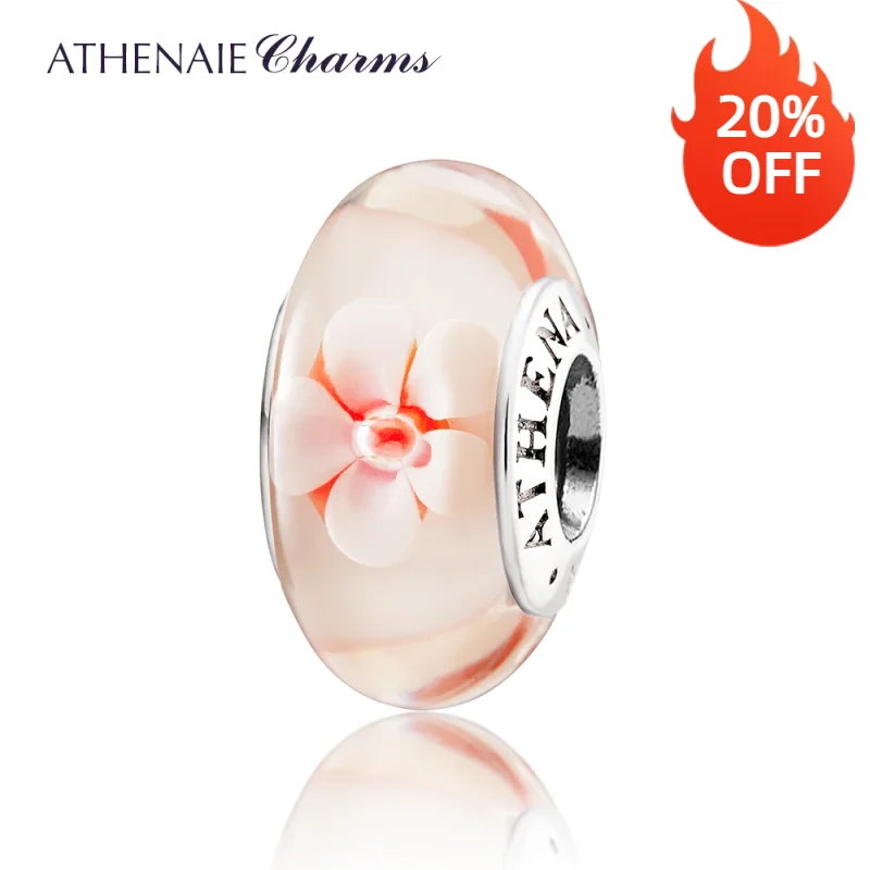 ATHENAIE Genuine Murano Glass 925 Silver Core Romantic Cherry Blossoms Bead Compatible European Charms Bracelets DIY Jewelry