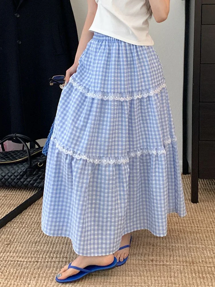 

Женская милая длинная юбка в клетку, летняя модная юбка в стиле преппи, японская свободная юбка с высокой талией, с кружевными вставками, кавайная длинная юбка