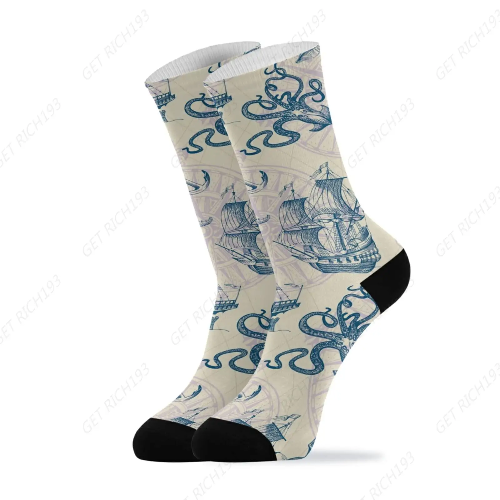 Vintage Sailing Ships Anchor,Sea Octopus Monster Ocean Map 1 Pc Casual Compression Crew Sock Soft Socks For Runningtravel