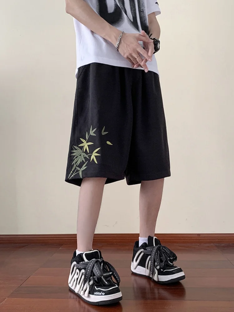 

New Chinese Sle Bamboo Embroidery Loose Fit Thin ort Pants Summer Spor Casual Loose Five-Point Vintage Trendy orts