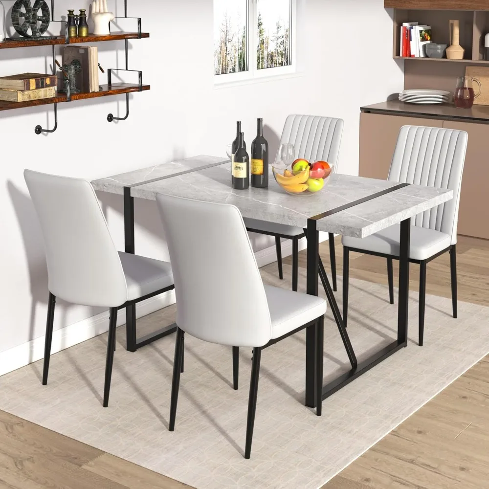 5 Piece Kitchen Dining Table Chairs Set with 4 Leather Chairs Rectangular Modern for Room Small Space - Gray