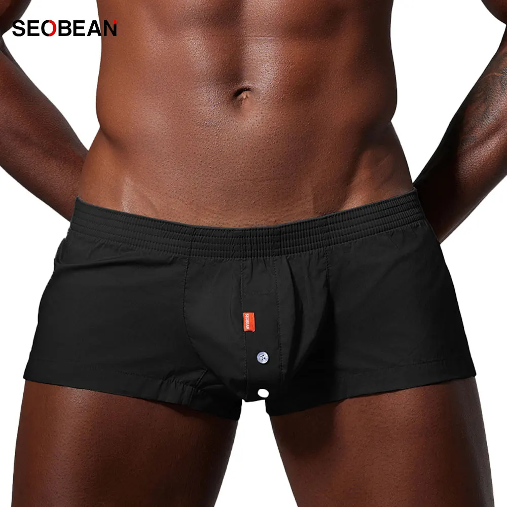 SEOBEAN Men's Lightweight Breathable Boxer Briefs Loose Fit Casual Home Sleep Shorts Button Fly Front Elastic Waist