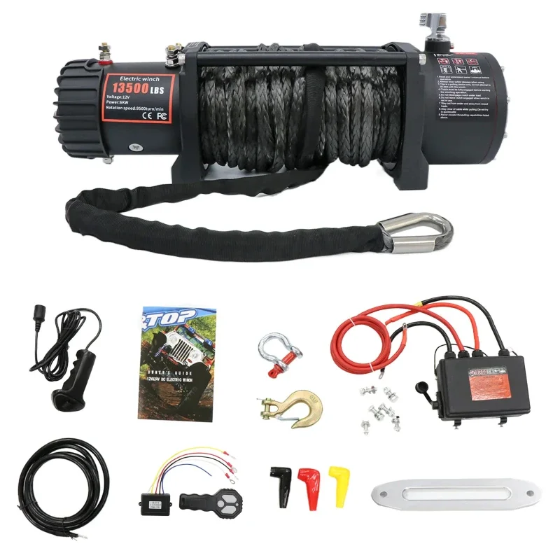 Gear Train Roller Fairlead 13500LBS 12V Electric Synthetic Rope Winch For Vehicle Rescue