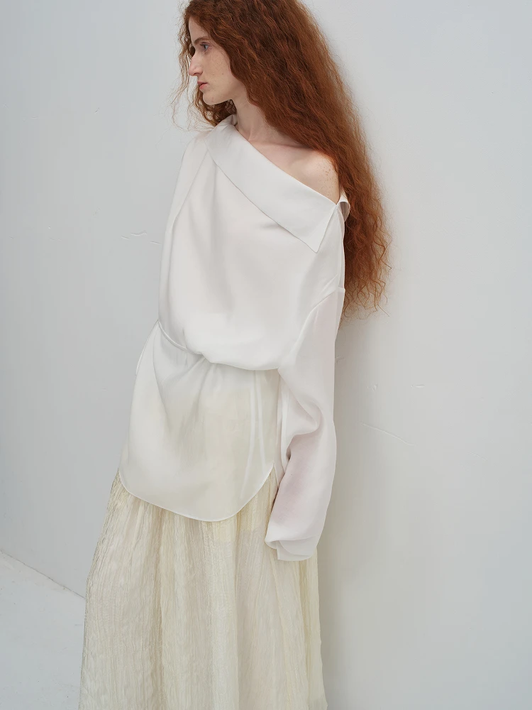 

Ele Loose Fit Summer irt French Sle Long Sve Turn-down Collar One-oulder Transparent Chiffon Women's Premium Top