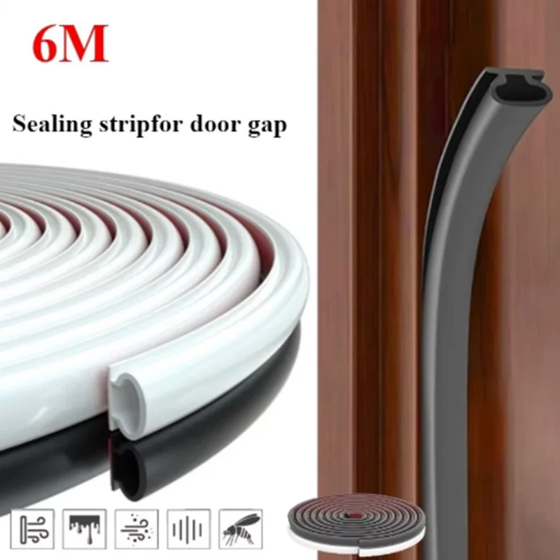 6M Weather Stripping Door Seal Window and Door Seal Strip Soundproofing Self-Adhesive Backing D-Shape Bedroom Door Weather Strip