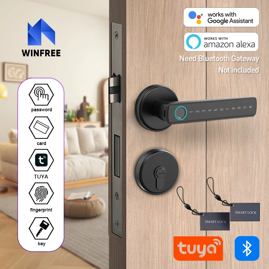 WINFREE Smart Fingerprint Door Lock Tuya Bluetooth Keyless Entry Smart Door Lock Alexa Google Assistant Interior Wooden Door