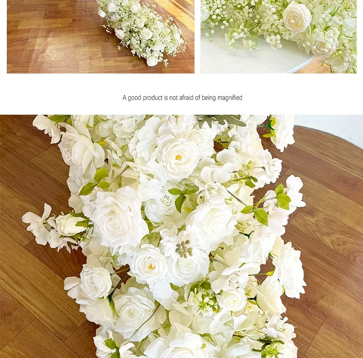 Weiße Rose Babybreath Künstliche Blumenreihe Kaskadierende Seidenblumengirlande Hochzeitstischläufer Bogenrand Zeremonie Empfang Deko – Detail 4
