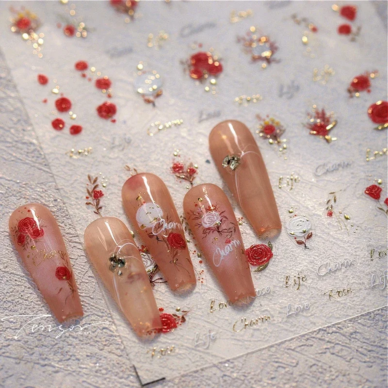 Gold Stamped Red White Rose Flowers Leaf 5D Reliefs Self Adhesive Nail Art Stickers Illusion Polarized Manicure Decals Wholesale