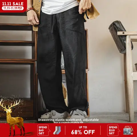 Maden Men's Vintage Lightweight Chino Pants Linen-Blend Trousers with Elastic Waist Casual Khaki Baker Pants for Summer and Fall