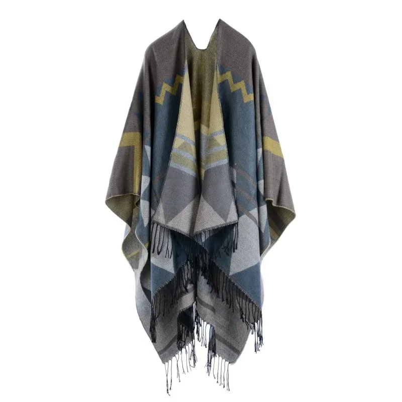 

Bohemian Style Cloak Lengthened Thickened Scarf Imitation Cashmere Winter Shawl Travel Fork Cape