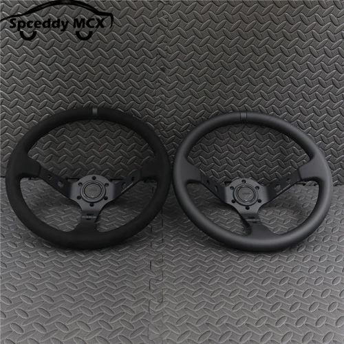 Volante de coche de 14 pulgadas y 350mm, piel de ante/cuero auténtico, deriva cóncava profunda, JDM Racing, edición negra 2407MOBE125