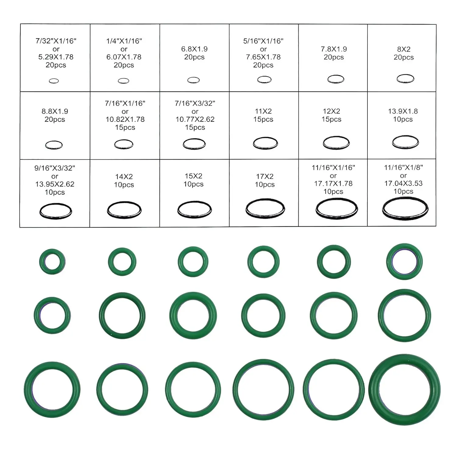 مجموعة حلقات O 270 قطعة مكونة من 18 مقاسًا مجموعة متنوعة من حلقات O لتكييف هواء السيارة مع أداة إزالة الصمام الأساسية للأجهزة المنزلية (أخضر)
