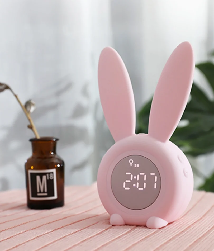 

Mini Cartoon LED Digital Alarm Clock Electronic LED Display Sound Control Cute Rabbit Night Lamp Desk Rechargeable Clock