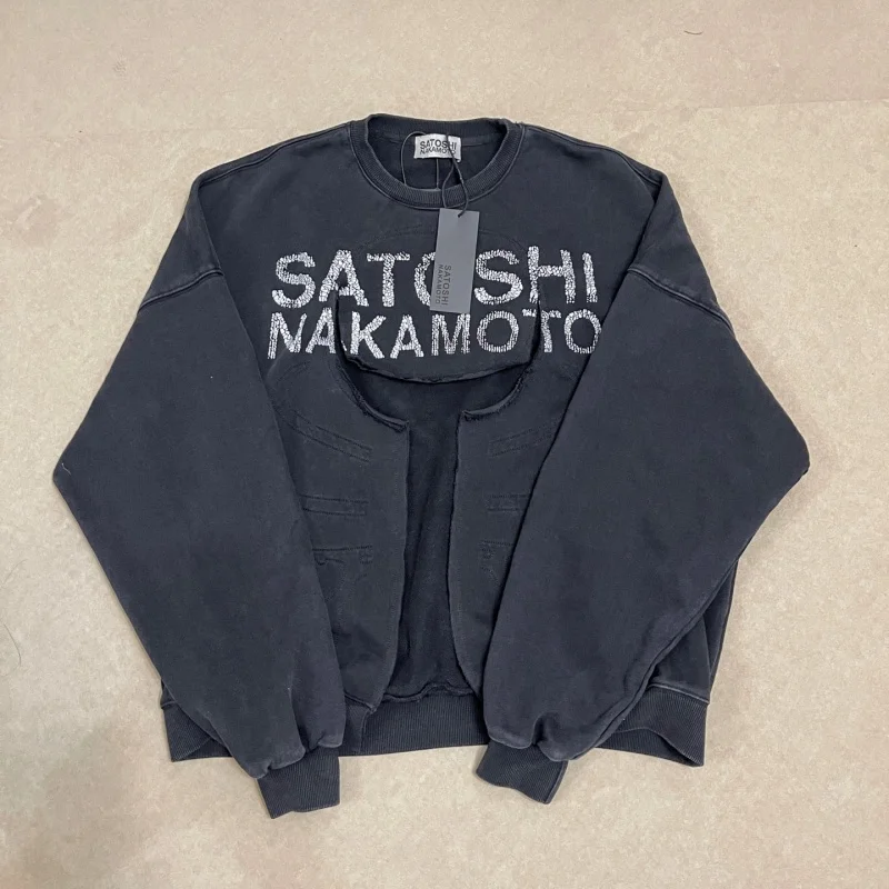 Satoshi Nakamoto Black Crew Neck Drop-Shoulder Cut Embroidered 100% Cotton Turtle-Pattern Print Washed Aesthetic Sweatshirt