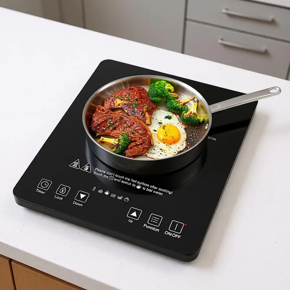 

Портативная индукционная плита с 4 предустановленными программами, 20 настройками, мощностью 1800 Вт, функциями безопасности, таймером на 4 часа