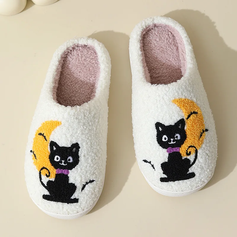 Cute Cartoon Moon Cats Pattern Slippers Women Casual Soft Sole Plush Lined Home Shoes Woman Non-slip Comfort Warm Winter Slipper image 4