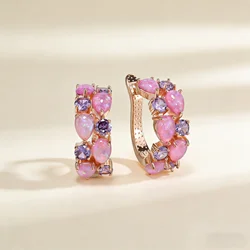 New Dainty Pink Opal Purple Round Zircon Earrings Women's Boho Trendy Fine Jewelry Holiday Wear Anniversaries Cute Gift for Girl
