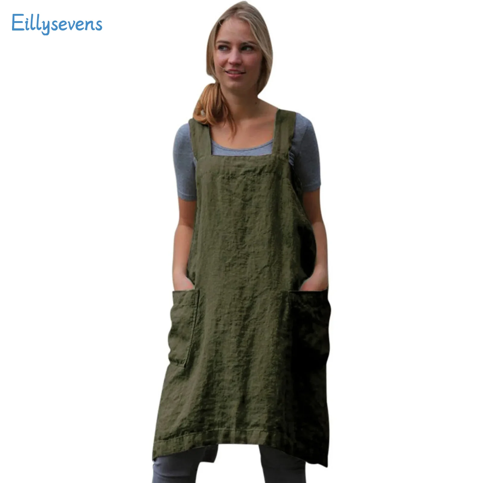 New Large Size Long Tops Women'S Cotton And Linen Loungewear Loose Suspender Apron Tops With Pockets Simple Solid Backless Tops