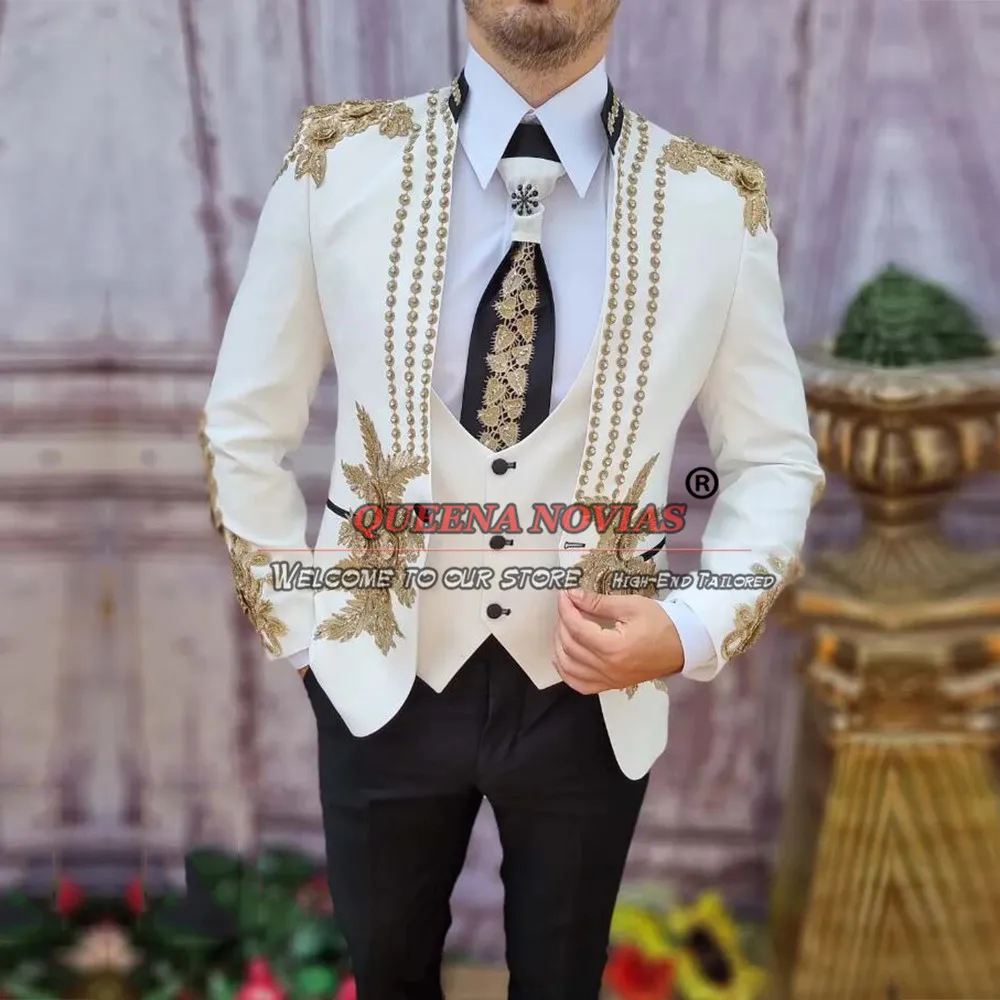 Ternos de casamento luxuosos para homens, festa formal, apliques dourados, conjuntos de blazer de baile, sob medida, 3 peças