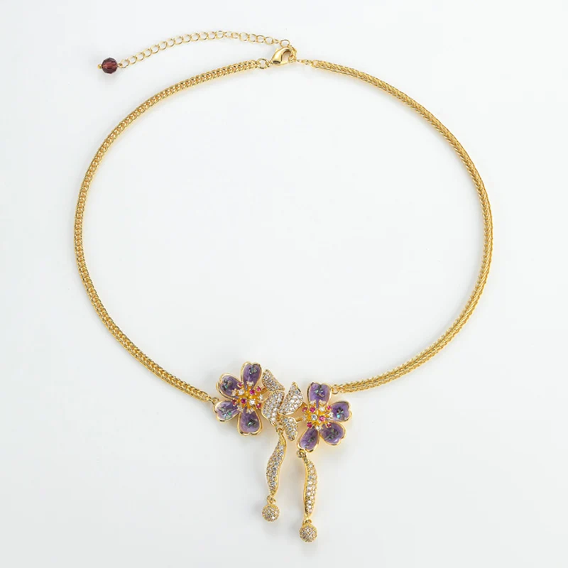 خمر الأرجواني فراشة قلادة المينا زهرة الأوركيد حجر الراين قلادة اكسسوارات للنساء الفاخرة مصمم مجوهرات 2025 جديد