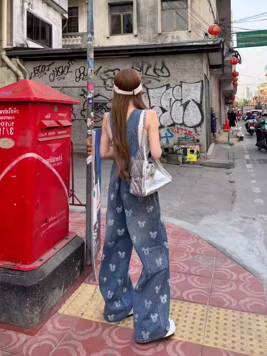 

Spring Summer Women's Loose Straight Leg Denim Overalls High Waist Cotton Stretch Fabric Rhinestone Embellished Lazy Vintage ...