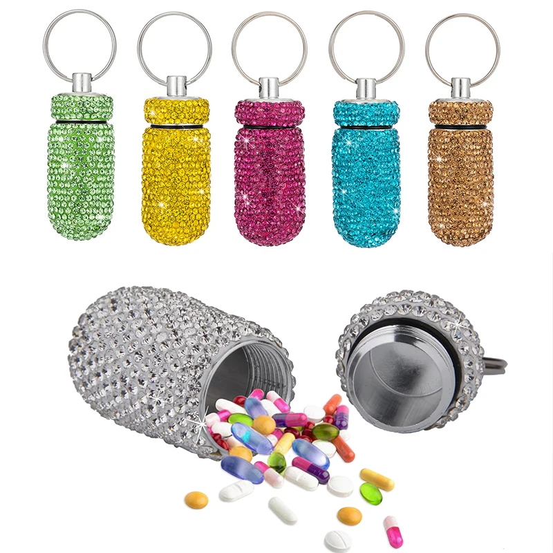 

Mini Pill Bottle Keychain Rhinestone Alloy Pill Storage Cases Portable Medicine Organizer Storage Containers Refillable Bottles