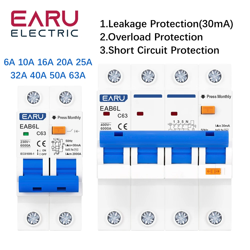 AC230V MCB Leakage Protector RCBO Overload Short Circuit Protection 2P 4P 30mA Residual Current Circuit Breaker Switch RCCB RCD