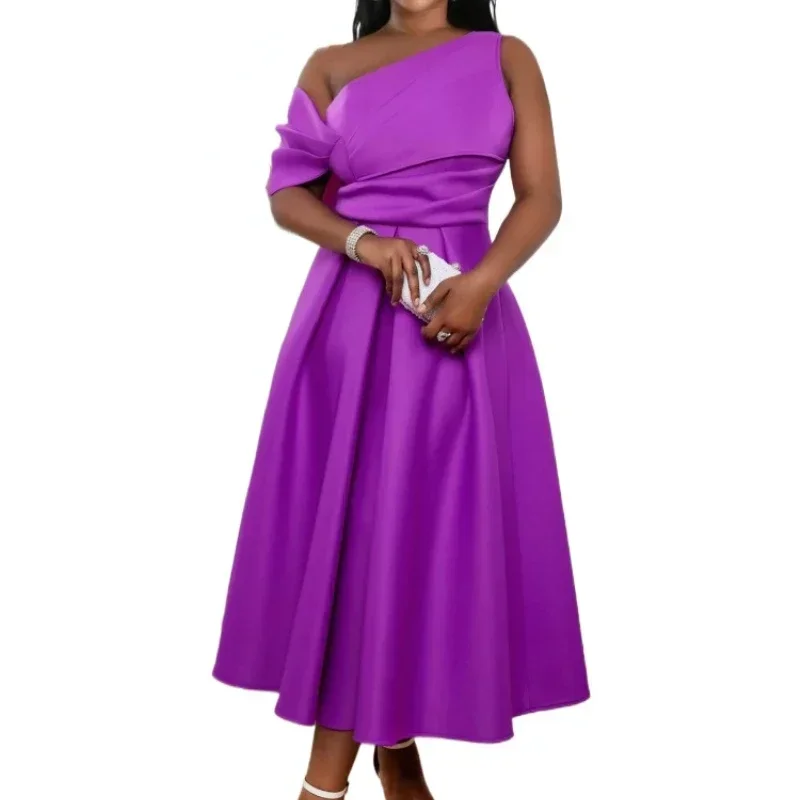 

Purple Diagonal Collar Dresses for Women One-Shoulder Pleated A-LINE Mid-Calf Summer Party Wedding Birthday Celebrity Vestidos