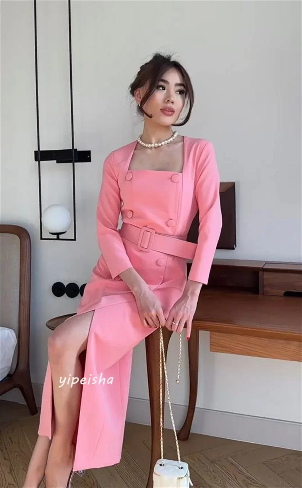 Customized Prom Dress Saudi Arabia Classic Modern Style Formal Evening Square Collar A-line Belt Button Satin Bespoke Occasion D