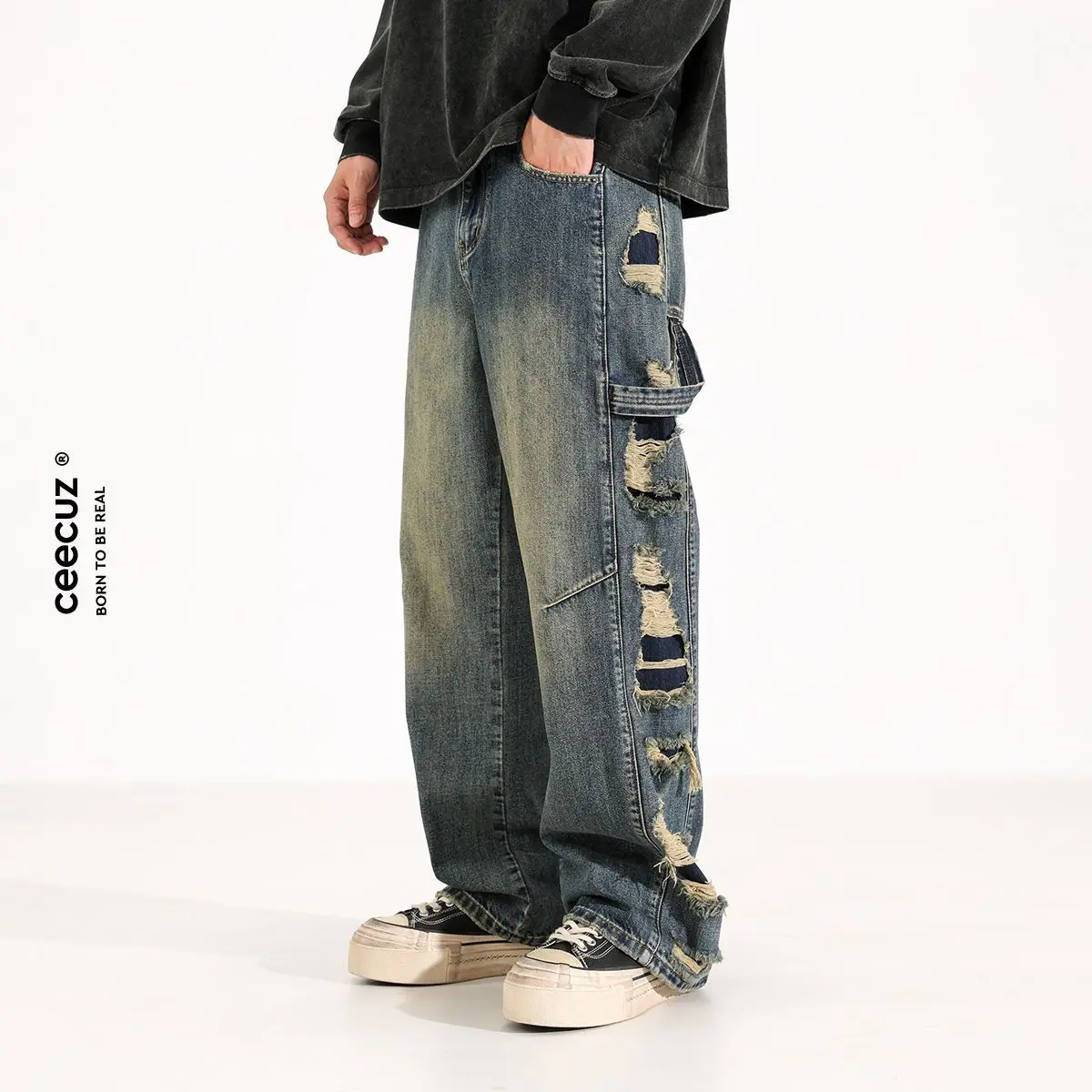 American Spring and Autumn Season Men and Women Trendy Personalized Loose Straight Jeans Couple Retro Washed Casual Pants y2k