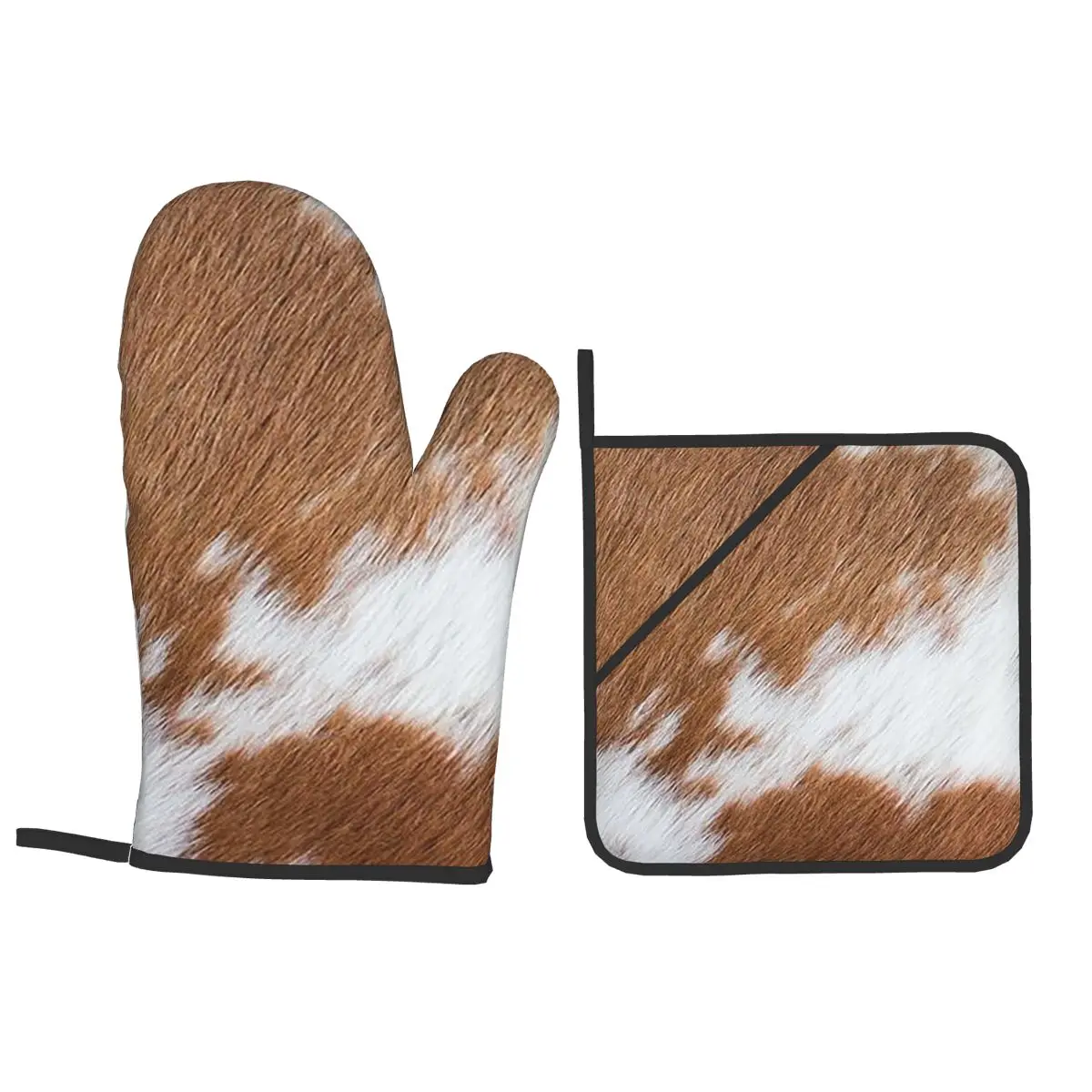 Stylish Cow Fur Cowhide Texture Cow Skin Print Pattern Oven Mitts and Pot Holder for Baking Cooking Resistant Non-Slip Gloves