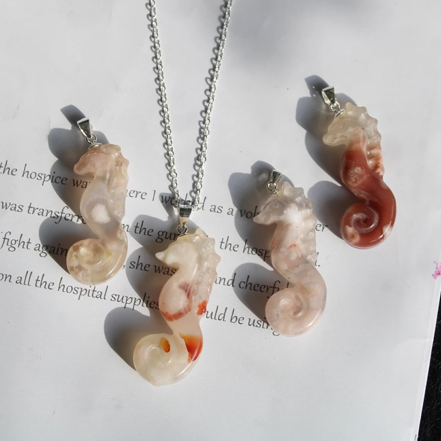 Unit One Piece 925 Silver BUckle Natural Cherry Blossom Agate Crystal Healing Hippocampus japonicus Carving Pendant For Gift