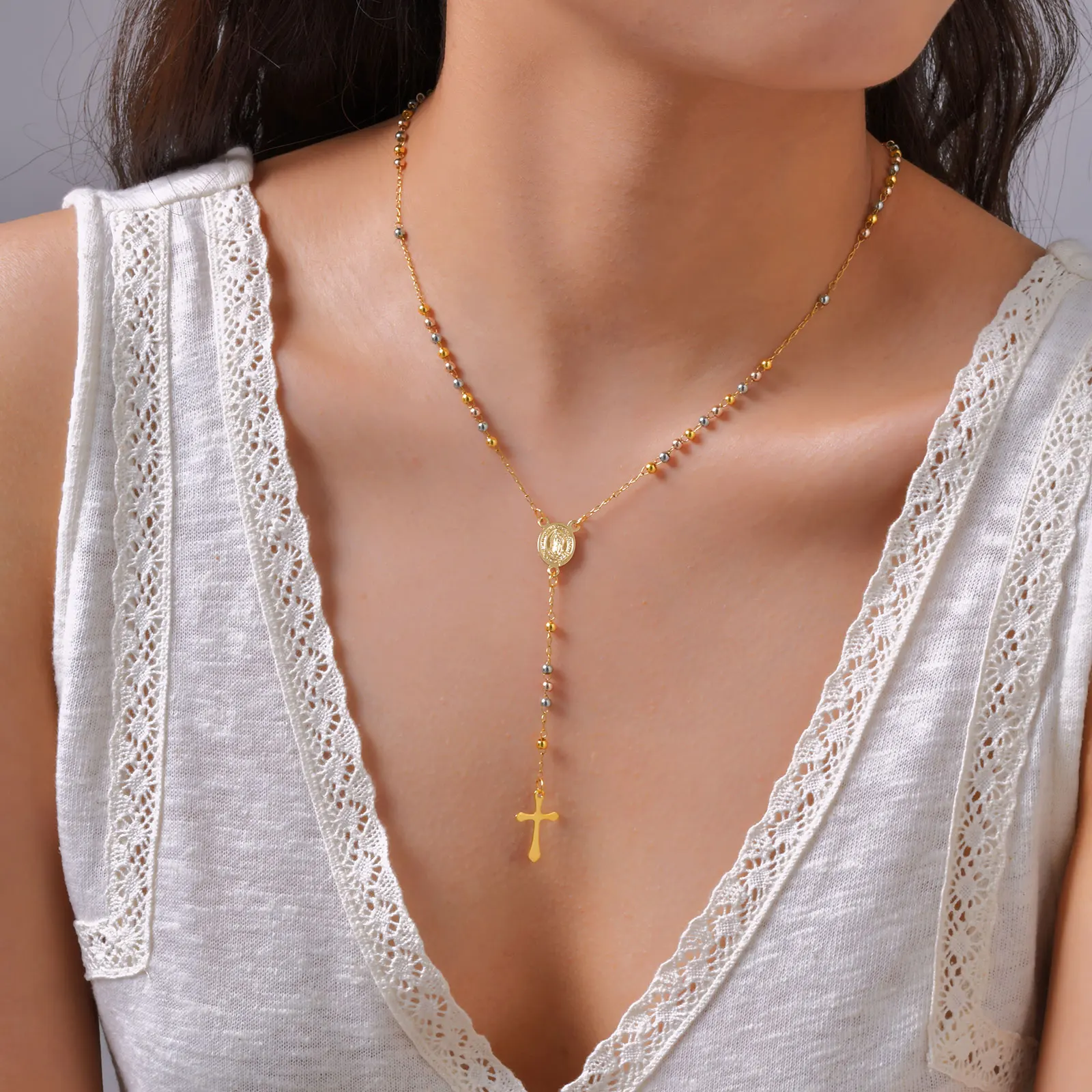 Vnox Long Rosary Necklace Accesorios Stainless Steel Virgin Mary Oval Bar With Cross Pendant Fashion Jewelry