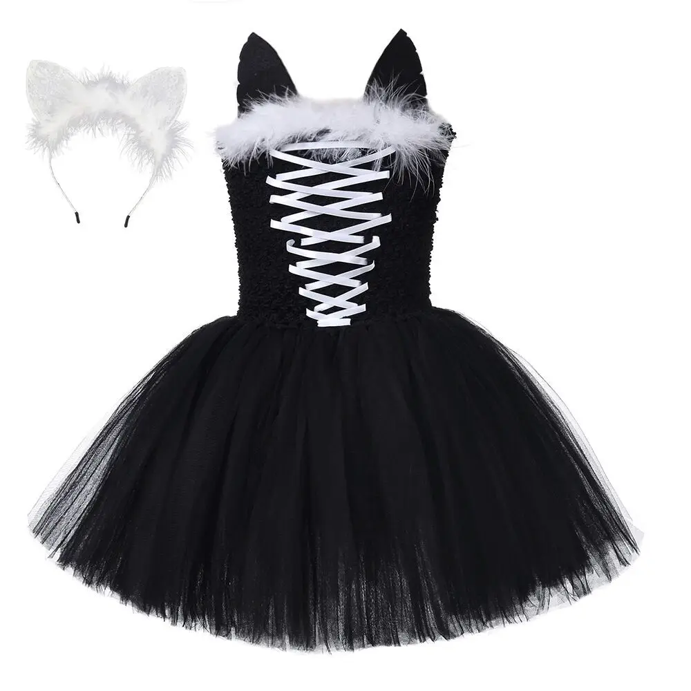 Girls Black Cute Cat Sleeveless Tulle Tutu Dress With Headband New Fashionable Halloween Party Stage Performance Princess Outfit