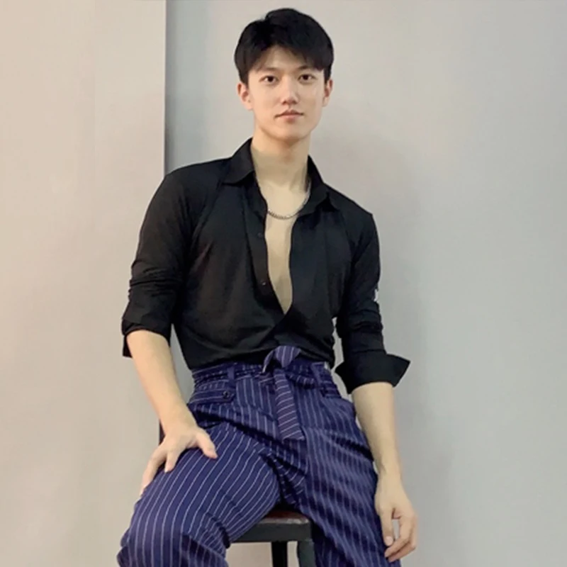 남성용 라틴 댄스 탑 퍼포먼스 의류 볼룸 스탠다드 댄스 셔츠 긴 소매 탑 남성 라틴 복장 연습복 1999