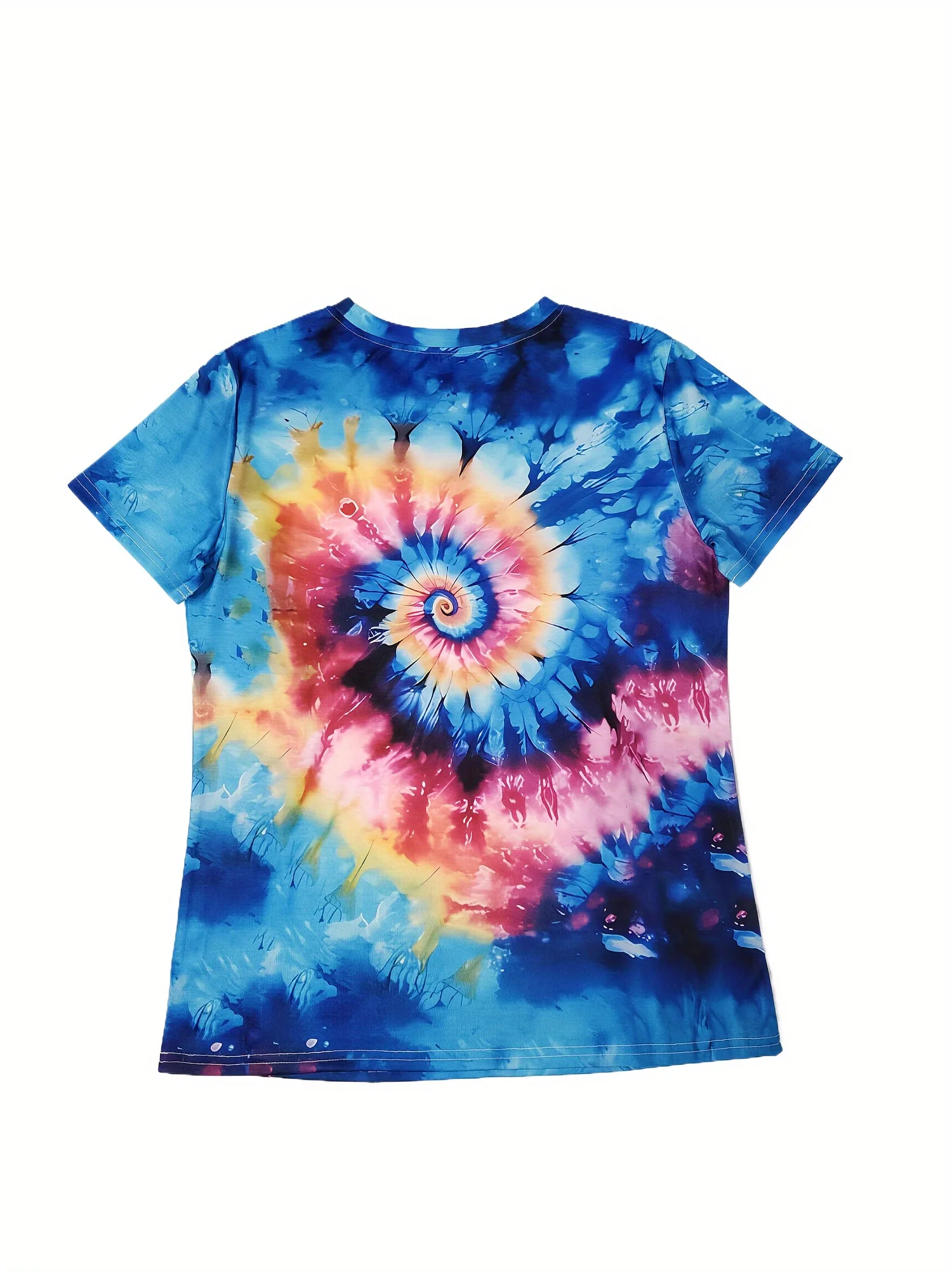 Women Crew Neck T-shirt Rainbow Spiral Tie Dye Print Multicolor Short Sleeve Hippie Style Casual Street Summer Top