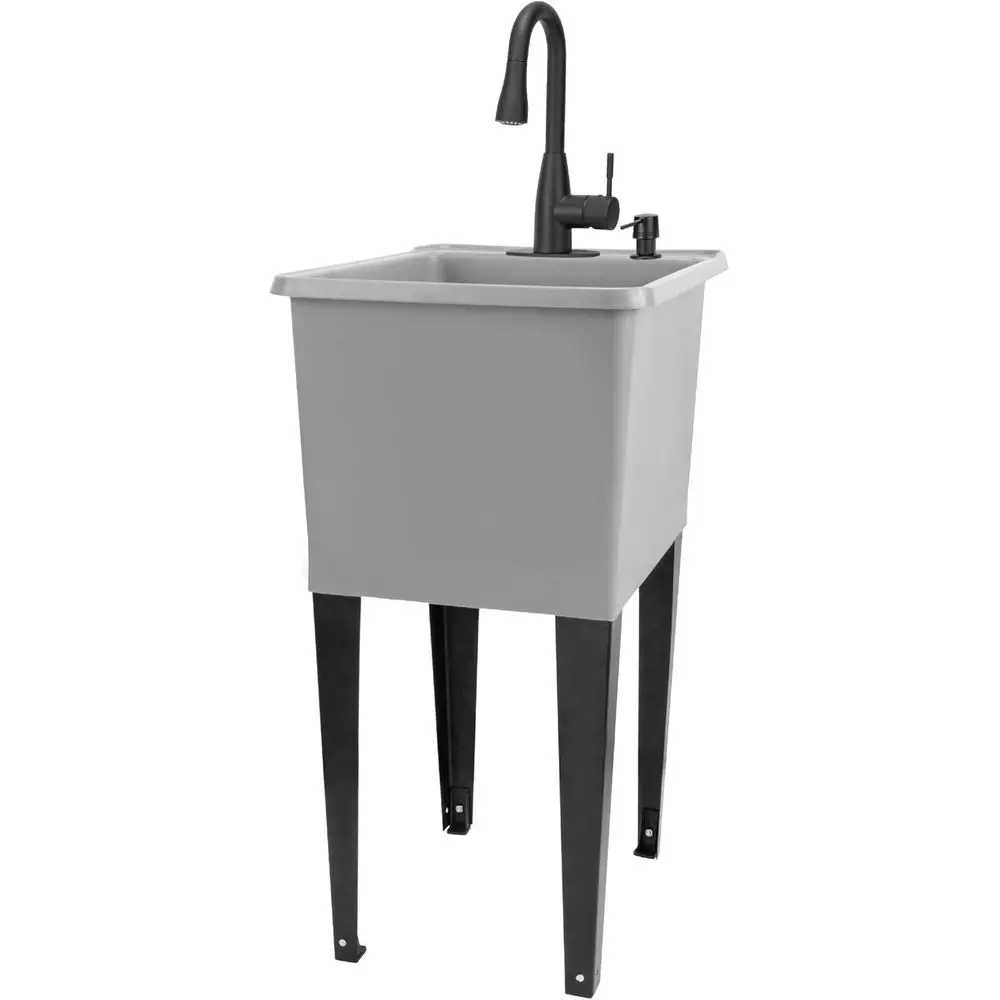 

Space-Saving Utility Sink with Pull-Down Faucet, Laundry Tub, and Soap Dispenser in Matte Black