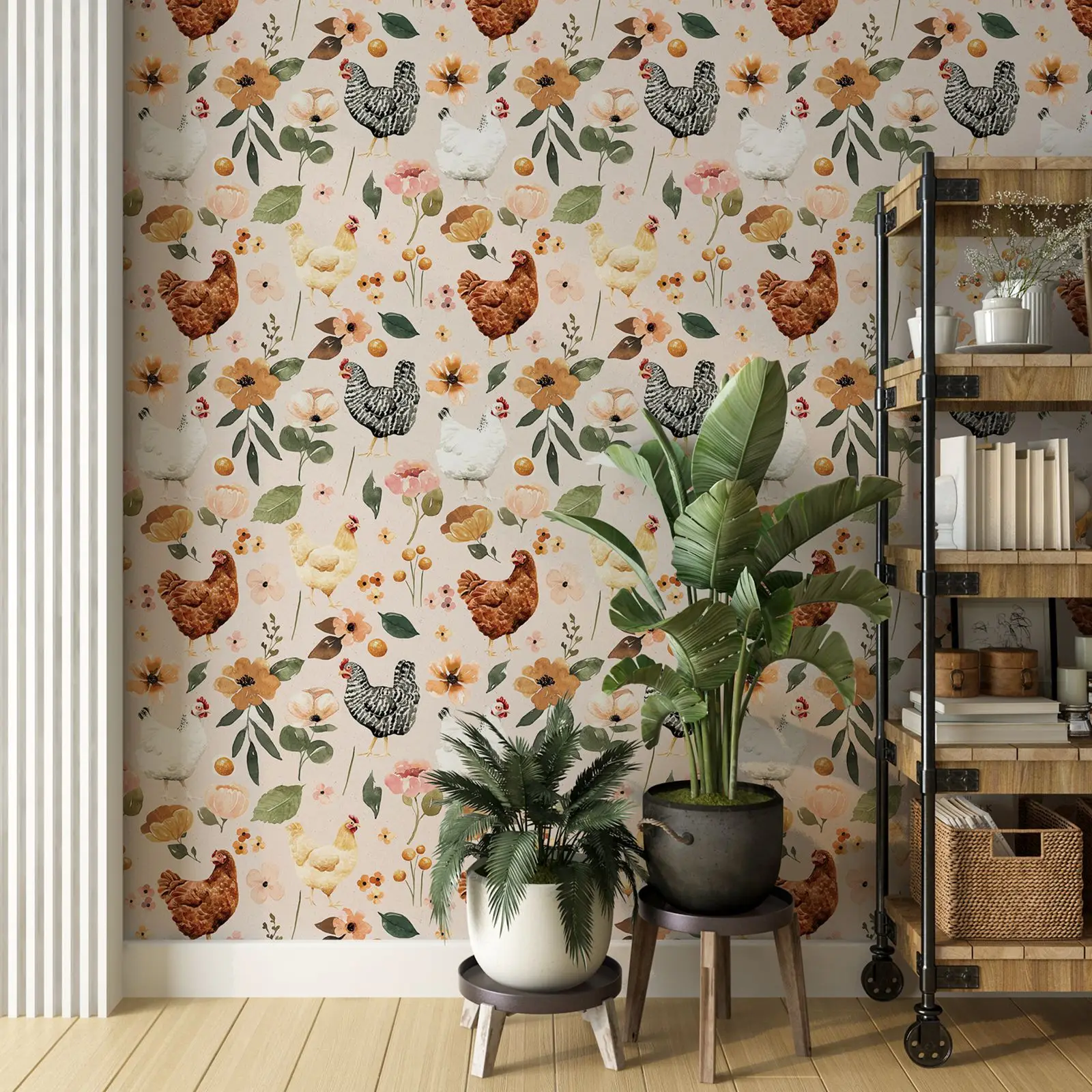 Farmhouse Frango Aquarela Floral Wallpaper, Galinhas pintadas e Galinhas Peel and Stick Wallpaper, Papel de Parede Removível