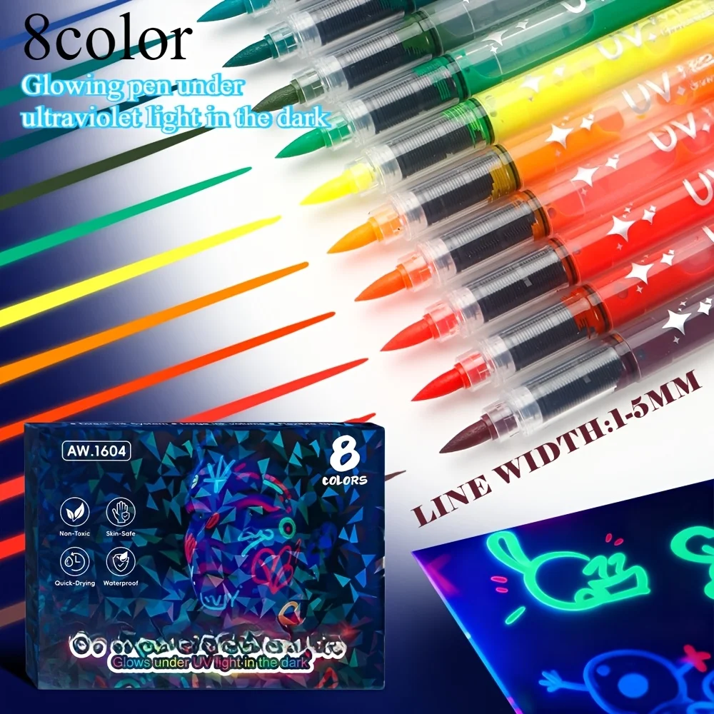

8/12/18-Color Fluorescent & Glow-in-the-Dark Markers — Doodle & Drawing Pens, Professional Art & Painting Highlighters, UV Light
